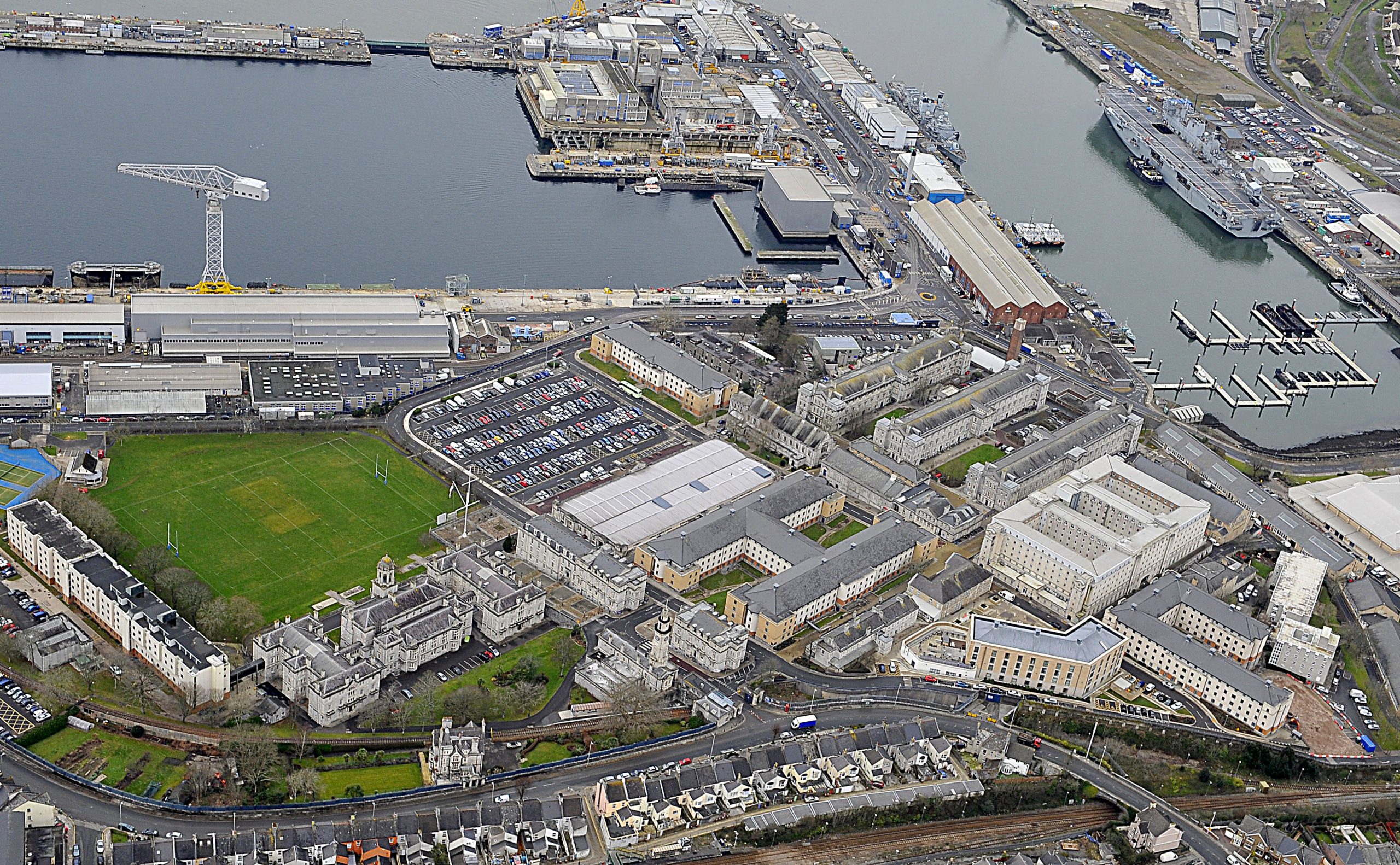 Arial view of Devonport Royal Dockyard, showing the nuclear licensed site at the top of frame. Credit - OGL
