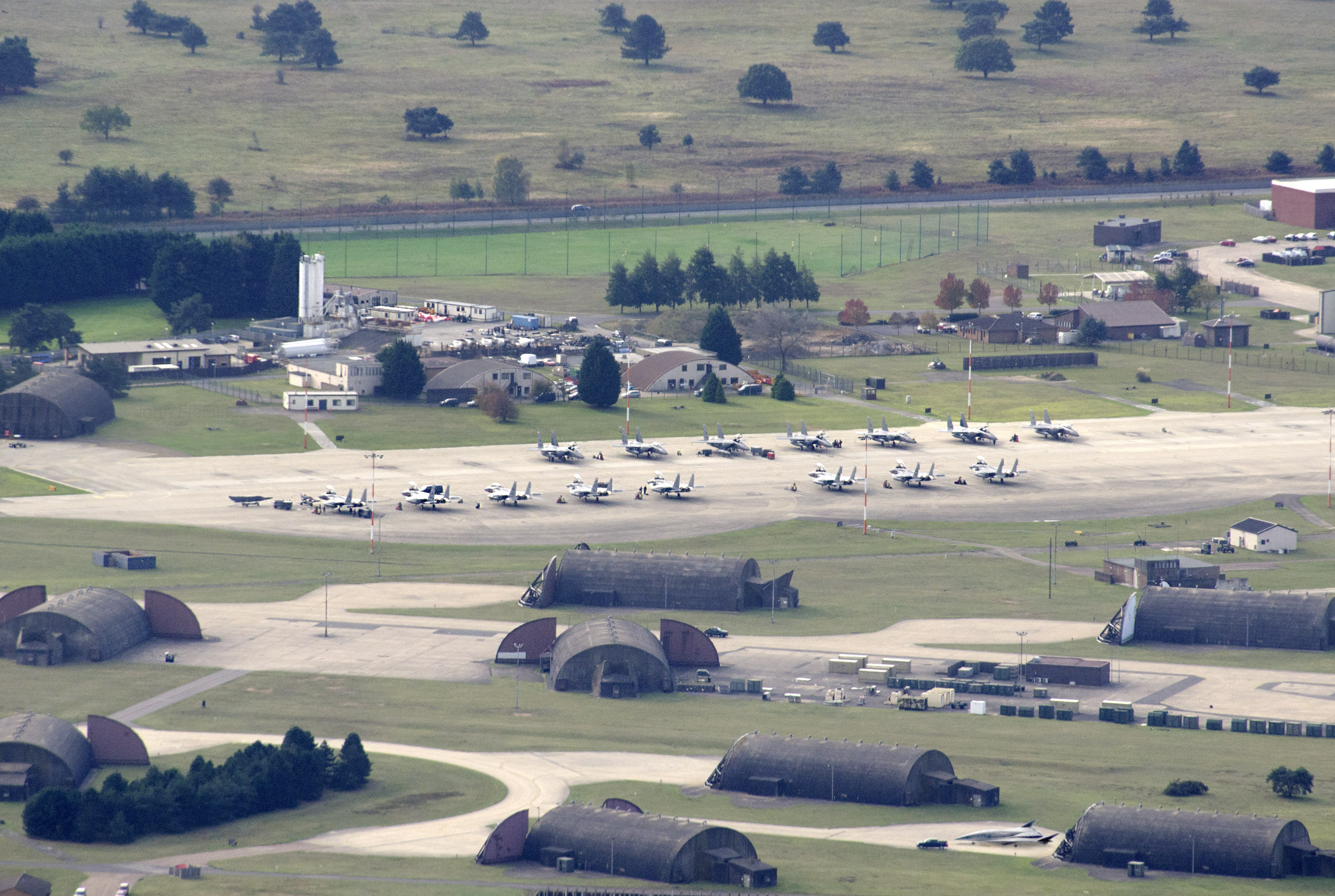 Arial view of RAF Lakenheath, showing aircraft shelters