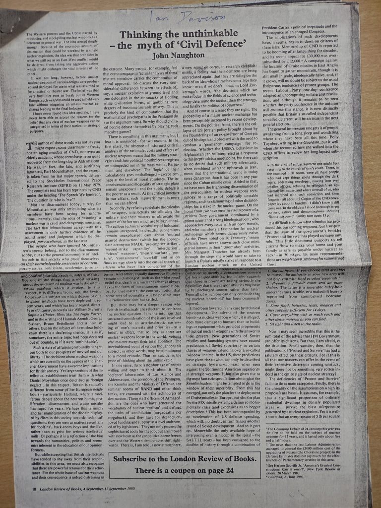 John Naughton, 'Thinking the unthinkable the myth of civil defence