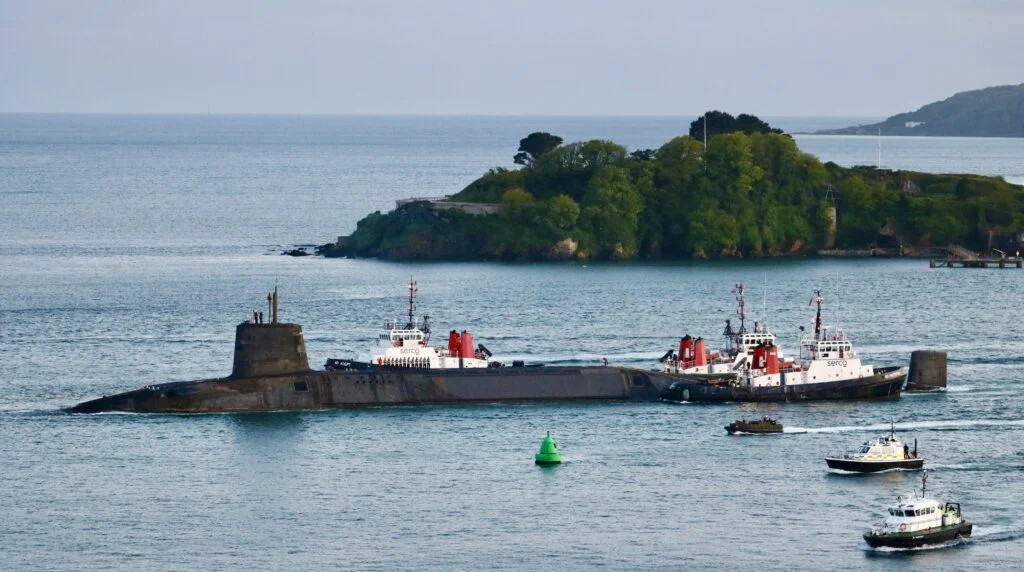 HMS Vanguard leaving Devonport in May 2023 - credit Westward Shipping News